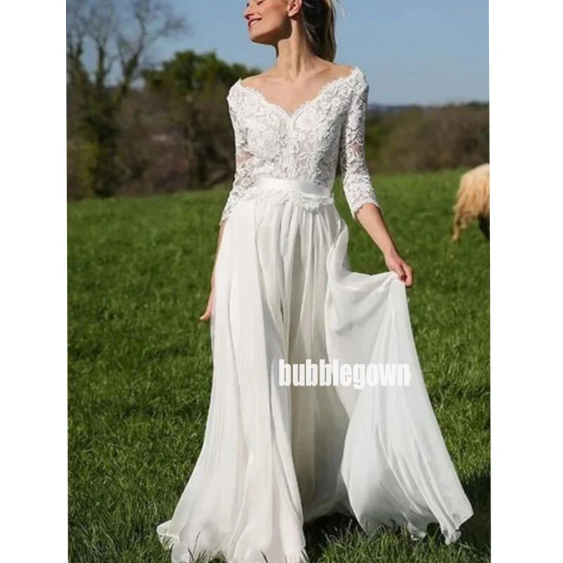 Elegant V-neck Long Sleeve Tulle Long Wedding Dresses, BGH069