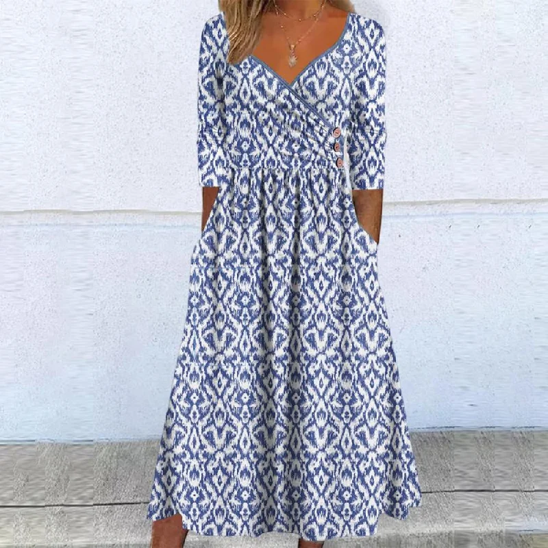 Blue Half Sleeve Print Midi Dress