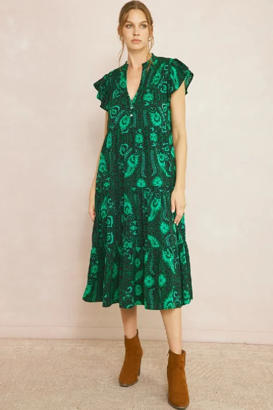 Floral & Leaf Ruffle Midi Dress