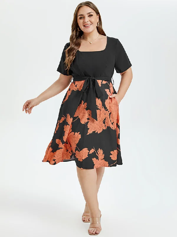 Floral Print Square Neck Belted Midi Dress