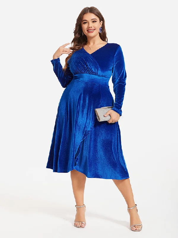 V-Neck Wrap Hem Velvet Midi Dress