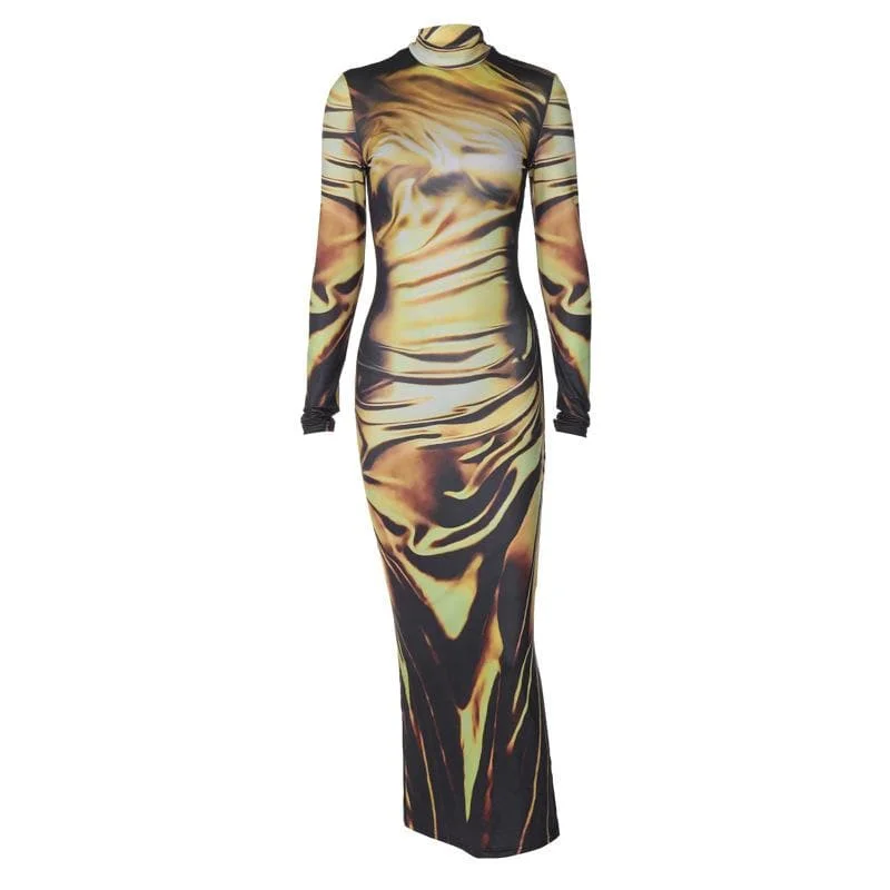 Long sleeve high neck print abstract midi dress