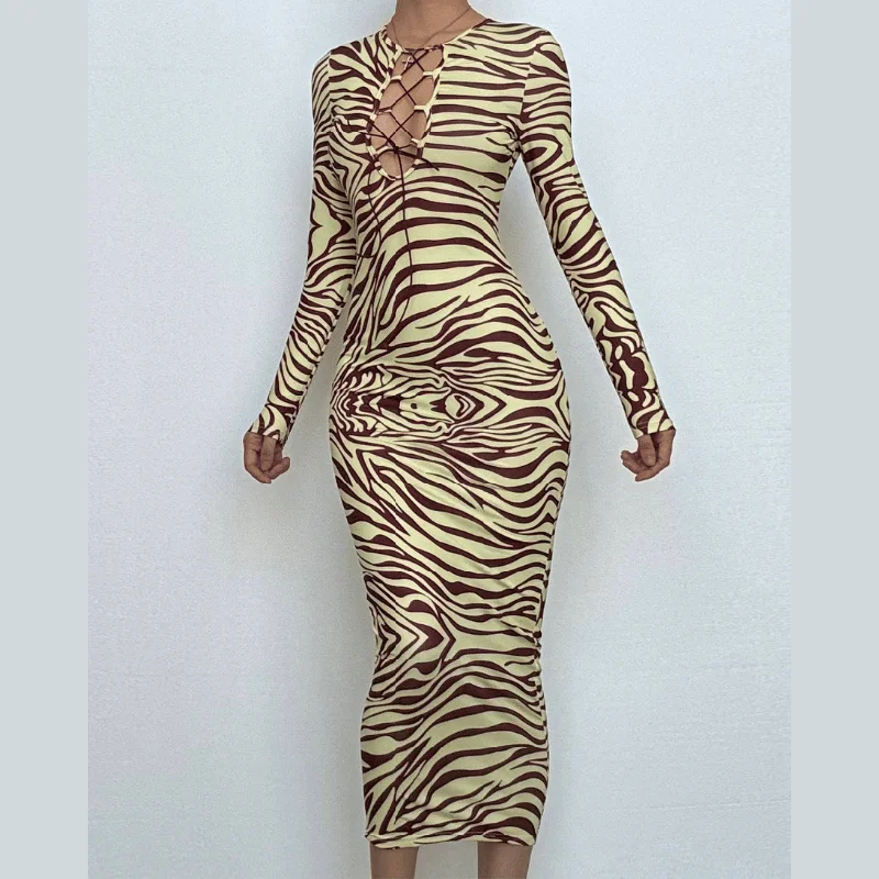 Long sleeve lace up zebra print midi dress