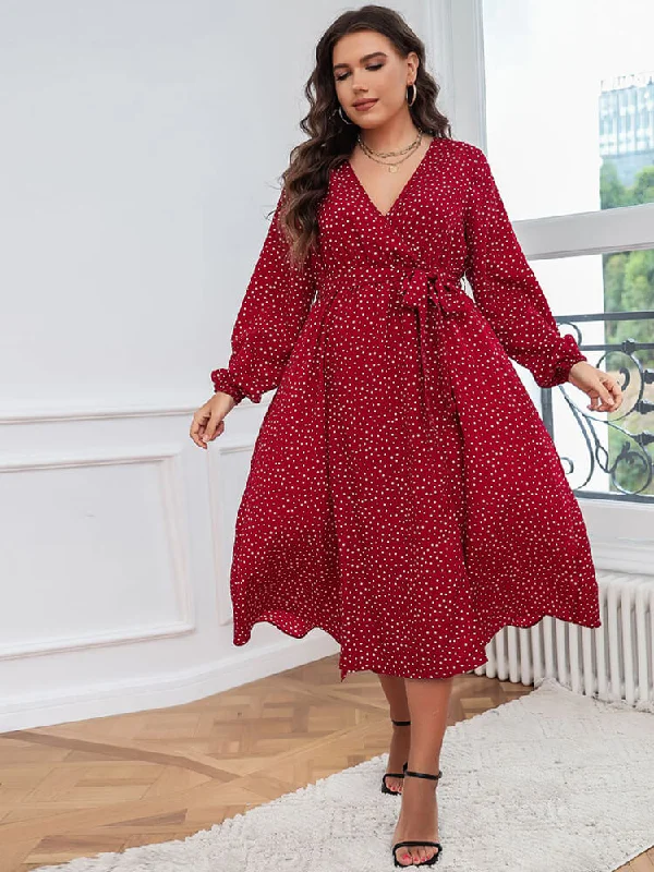 Plus Polka Dot V-Neck Knot Side Wrap Midi Dresses