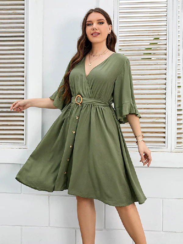 Plus Green Button Tie Back Wrap Ruffle Sleeve Midi Dress