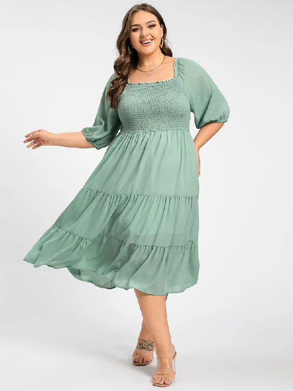 Plus Square Neck Puff Sleeve Ruffle Trim Tiered Midi Dress