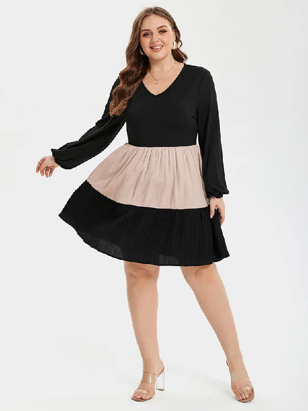 Two Tone V-Neck Lantern Sleeve Ruffle Hem Midi Dress