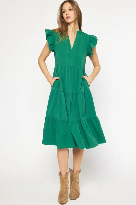 Ruffled Pocket Tiered Midi Dress, Green