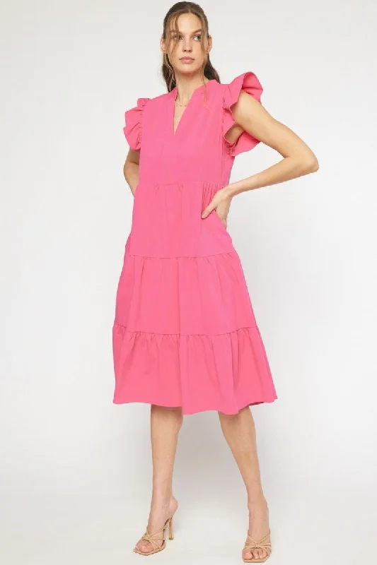 Ruffled Pocket Tiered Midi Dress, Hot Pink