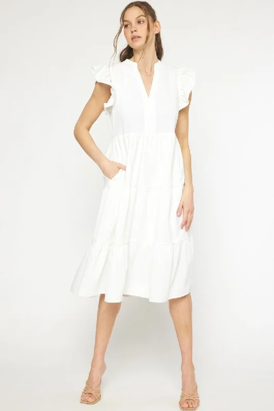 Ruffled Pocket Tiered Midi Dress, Off White