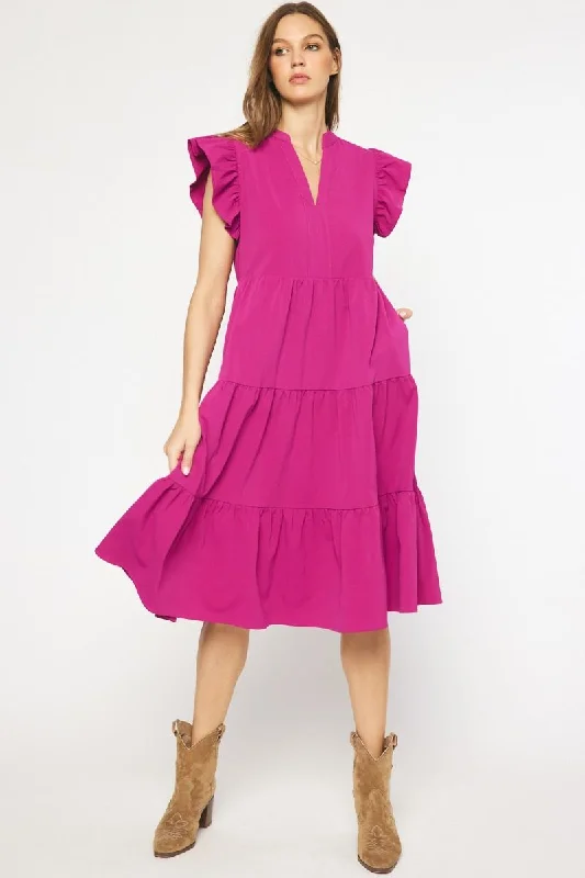 Ruffled Pocket Tiered Midi Dress, Violet