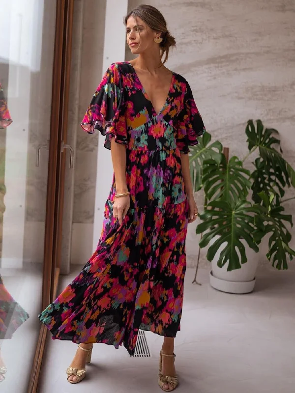 BerriesJam - Floral Printed Belted Cotton Tunic Maxi Dresses