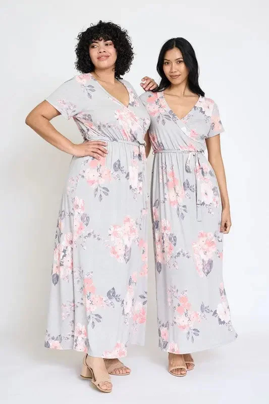 Floral Surplice Bodice Sash Maxi Dress