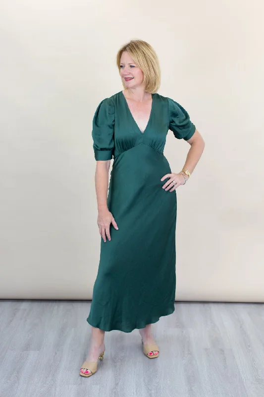 Forrest Green V-neck Long Dress with Puff Sleeve