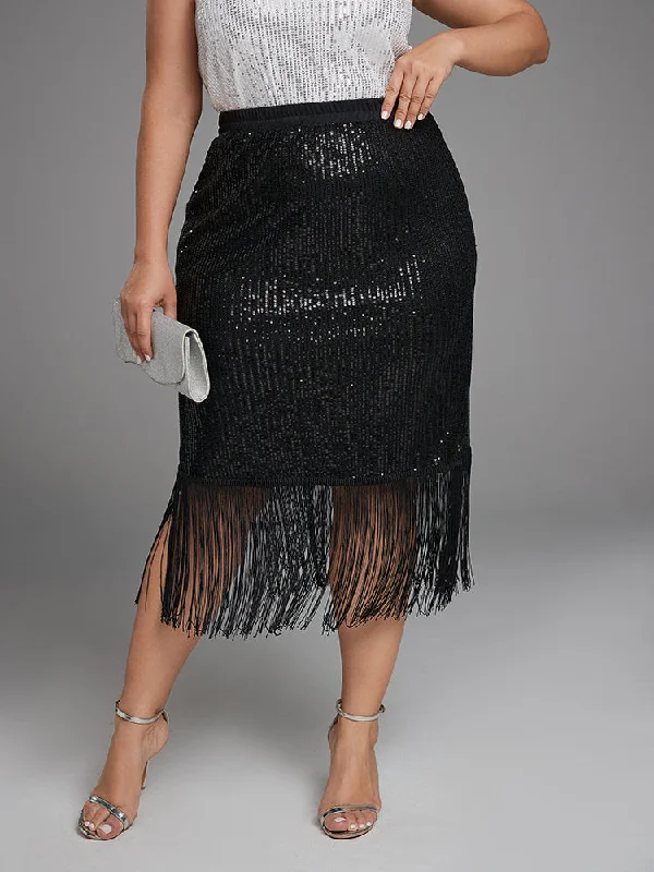 High Waist Fringe Hem Sequin Skirt