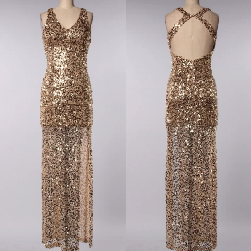 Final Sale - Perfect Party Ball Gown Sequin Maxi Dress in Gold