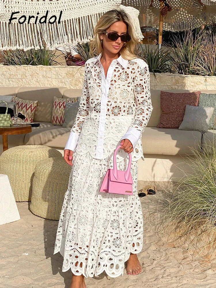 Znbbw Women Summer White Lace Dress Set Hollow Out Embroidery Shirt Skirt 2 Pcs Robe Outfits Single Breasting Cotton Maxi Dress