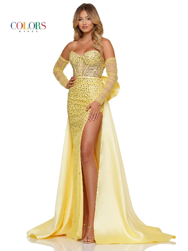 Colors 3168 Long  Formal Beaded Overskirt Prom Dress with Sleeves