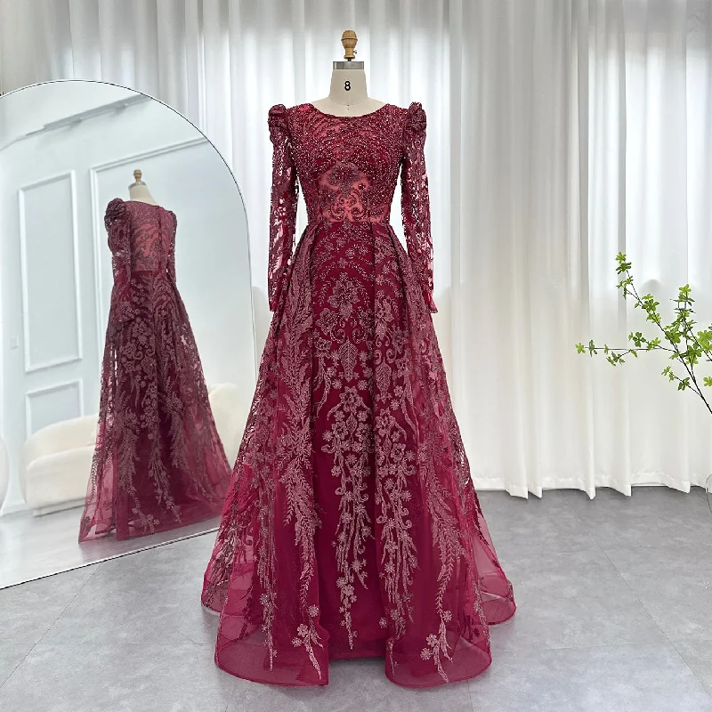 Elegant Red Long Sleeves Evening Dress with Overskirt SS142