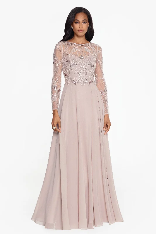 Petite "Mason" Long Chiffon Skirt Beaded Long Sleeve Dress