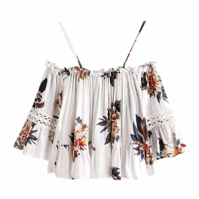 Sexy Summer Camis Top Women Floral Printing Lace Casual Off Shoulder Crop Top Cluster Print Peplum Racerback Cami Top