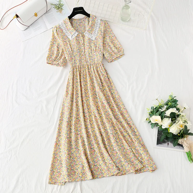 Sweet lace doll neck floral dress gentle wind dress  4856