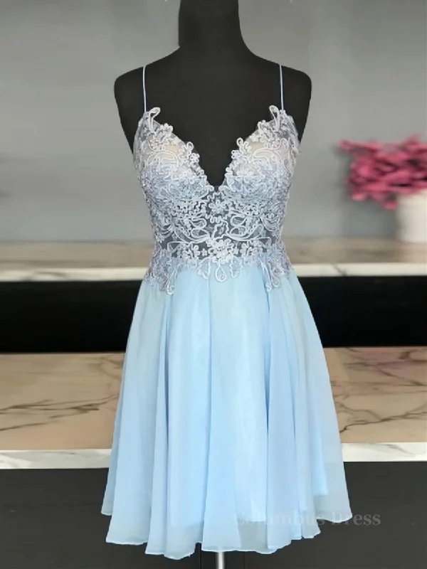 A Line V Neck Short Blue Lace Corset Prom Dresses, Short Blue Lace Corset Formal Corset Homecoming Dresses outfit