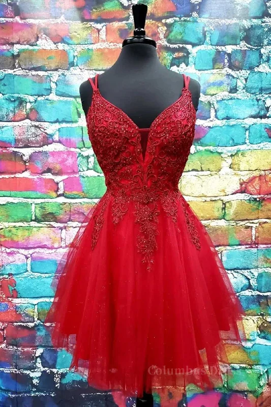 A Line V Neck Short Dark Red Lace Corset Prom Dresses, Short Dark Red Lace Corset Formal Corset Homecoming Dresses outfit