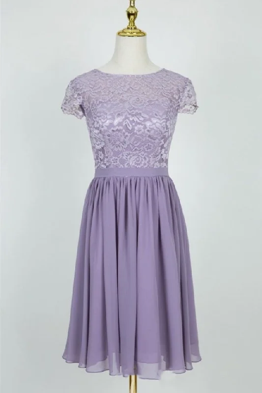 Cute Lace Crew Neck Lilac Bridesmaid Dress