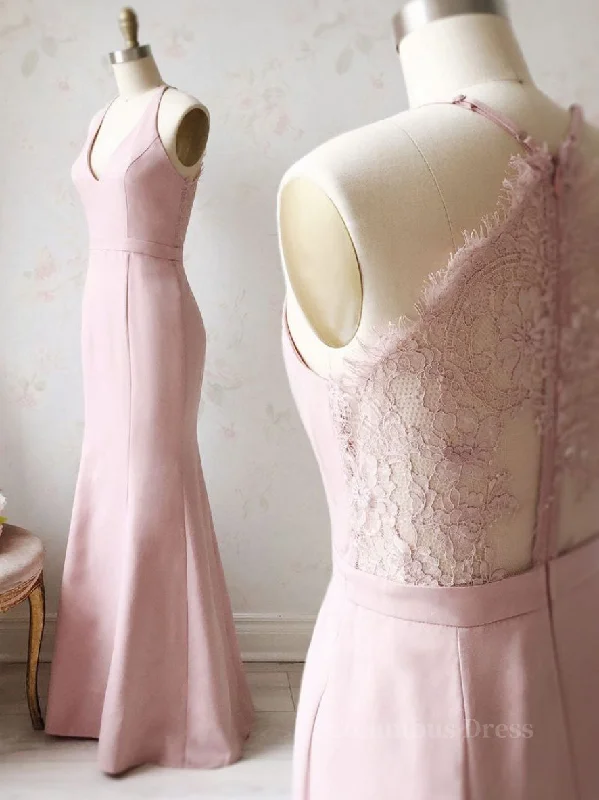 Pink v neck satin lace long Corset Prom dress, lace Corset Bridesmaid dress outfit