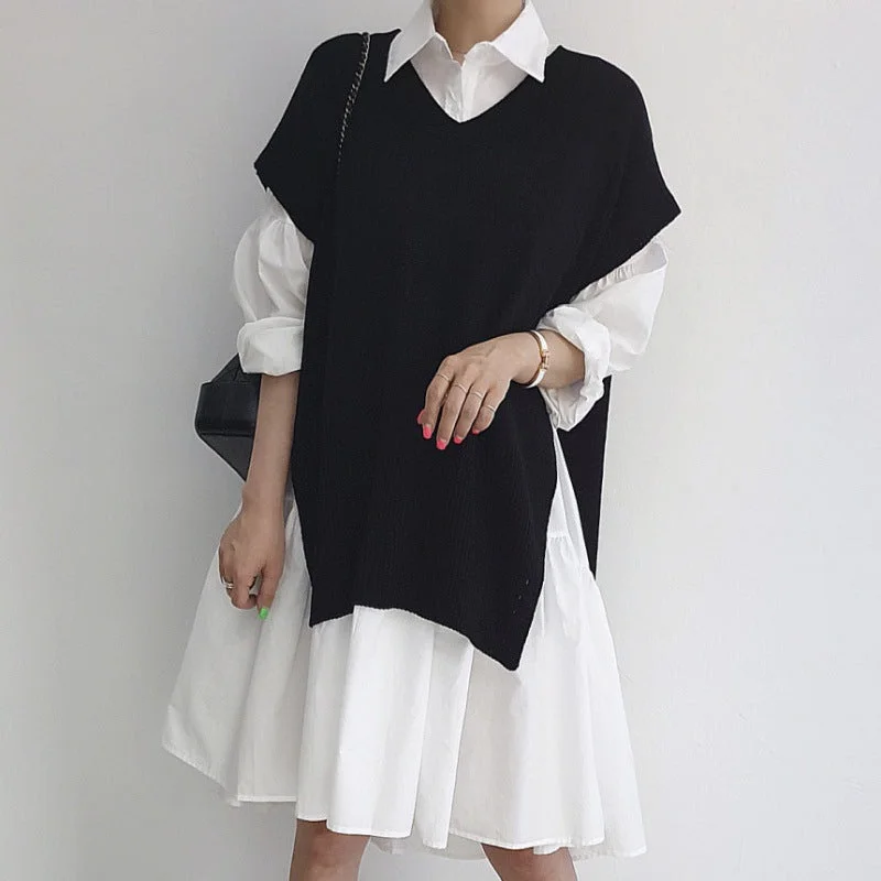 Chicdearshop 2000s fashion Spring 2024 Korean Style Drop-Shoulder Lantern Sleeve Stitching Large Skirt Shirt Dress + Knitted Vest