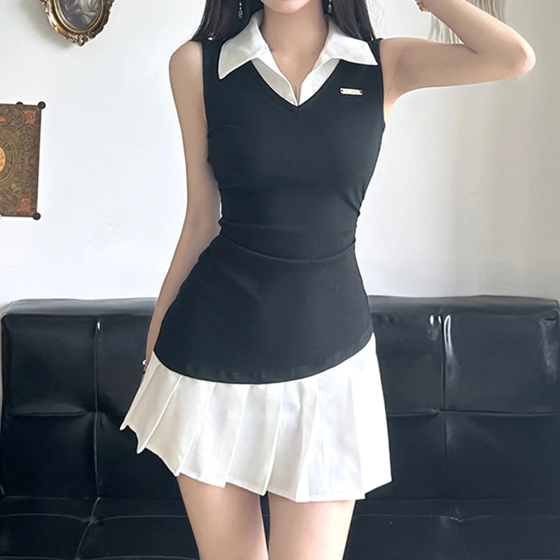 Chicdearshop dress shirt Two Piece Pleated Shirt Vest Dress