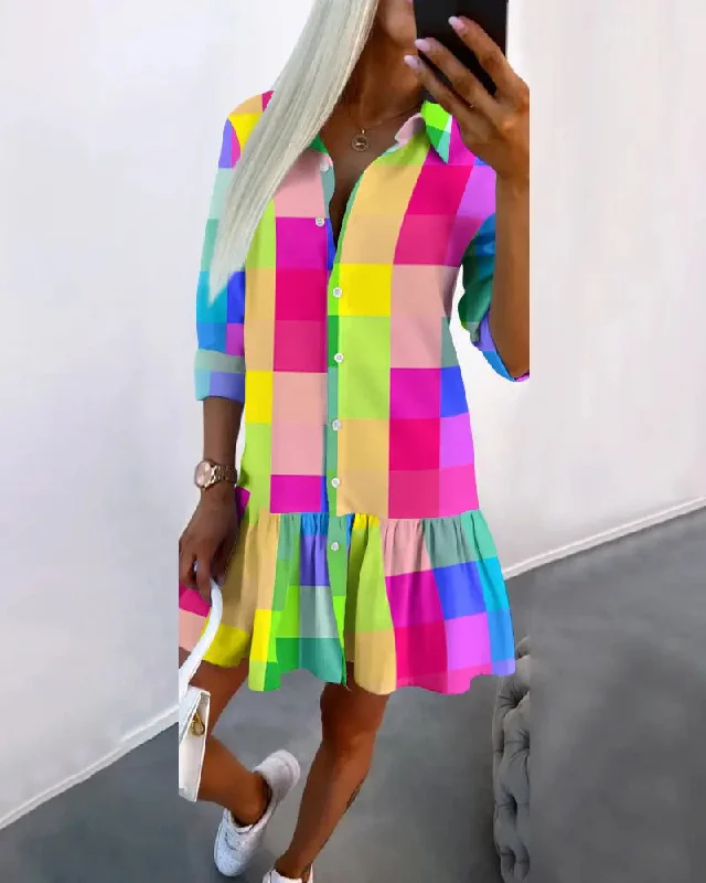 Colorful plaid print shirt dress