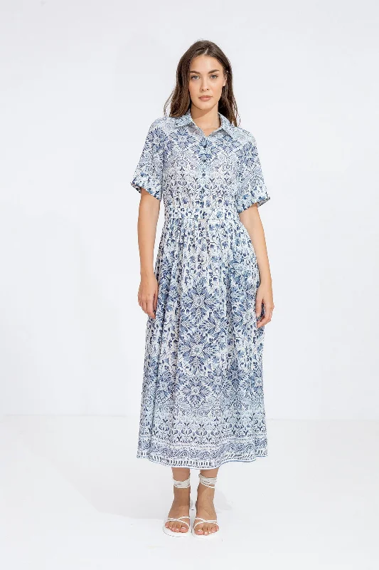 Ivko Woman Shirt Dress Alhambra Print - White/Blue