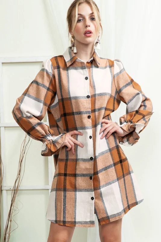 Blue Zone Planet |  Khaki Plaid Pattern Collared Neck Ruffled Sleeve Shirt Dress