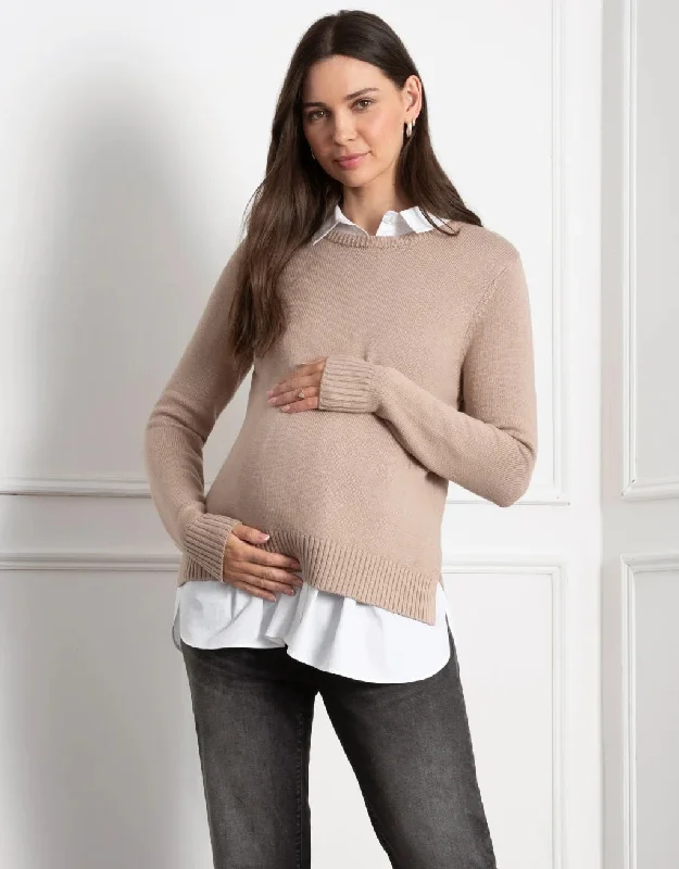 Knit Maternity & Nursing Jumper with Woven Shirt - Camel