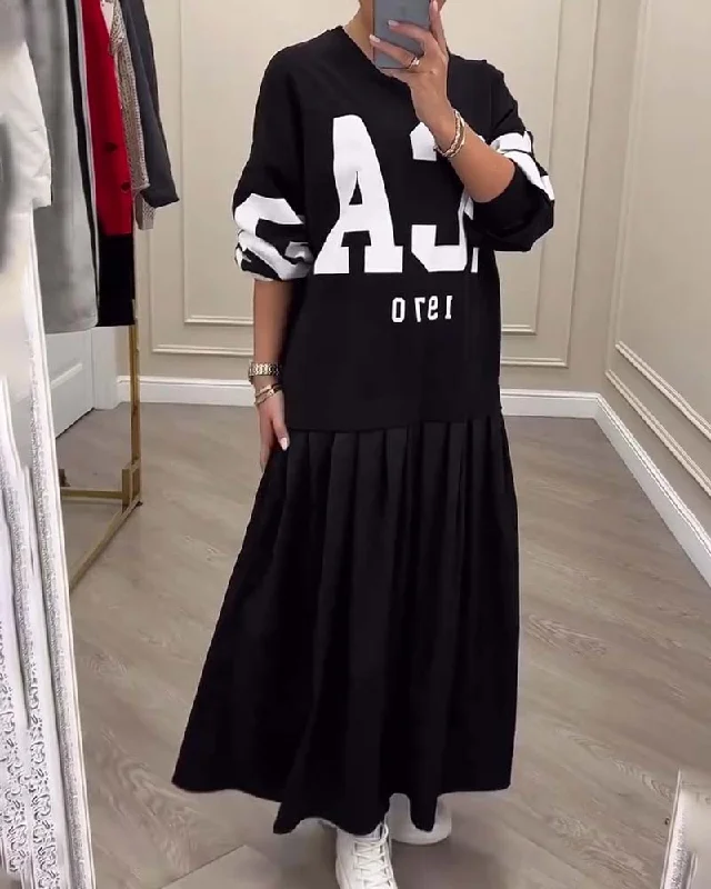 Lettering Casual Sweatshirt Pleated Patchwork Dress