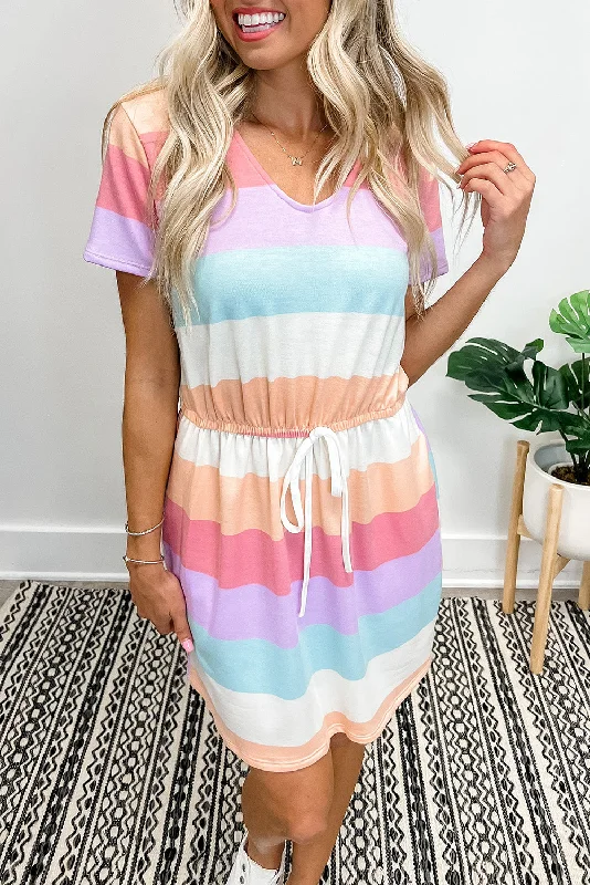 Multicolor Striped Drawstring V Neck T Shirt Dress