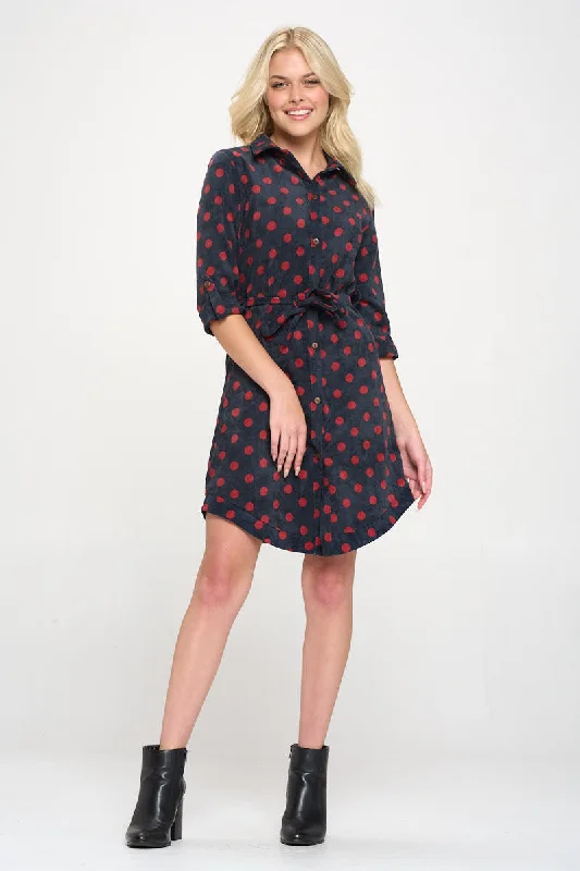 Polka Dot  Retro Style Print Corduroy Shirt Dress