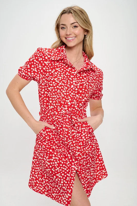 Red Poppy All Over Print Button Front Shirt Dress