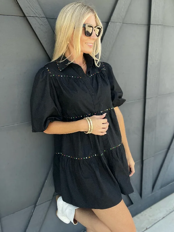 Rhinestone Cowgirl Tiered Shirt Dress In Black